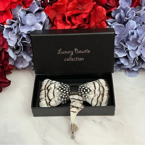 Handmade Black and White Feather Bow Tie Boutonnière Lapel Pin Set - Picture 9 of 16